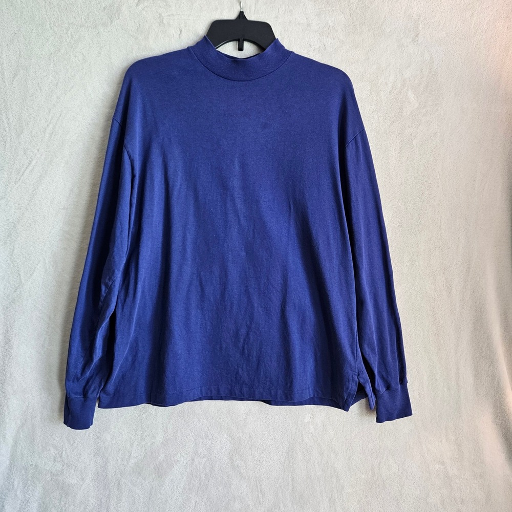 Lands End Womens XL Blue Mock Neck Long Sleeve T-Shirt 100% Cotton Made in USA